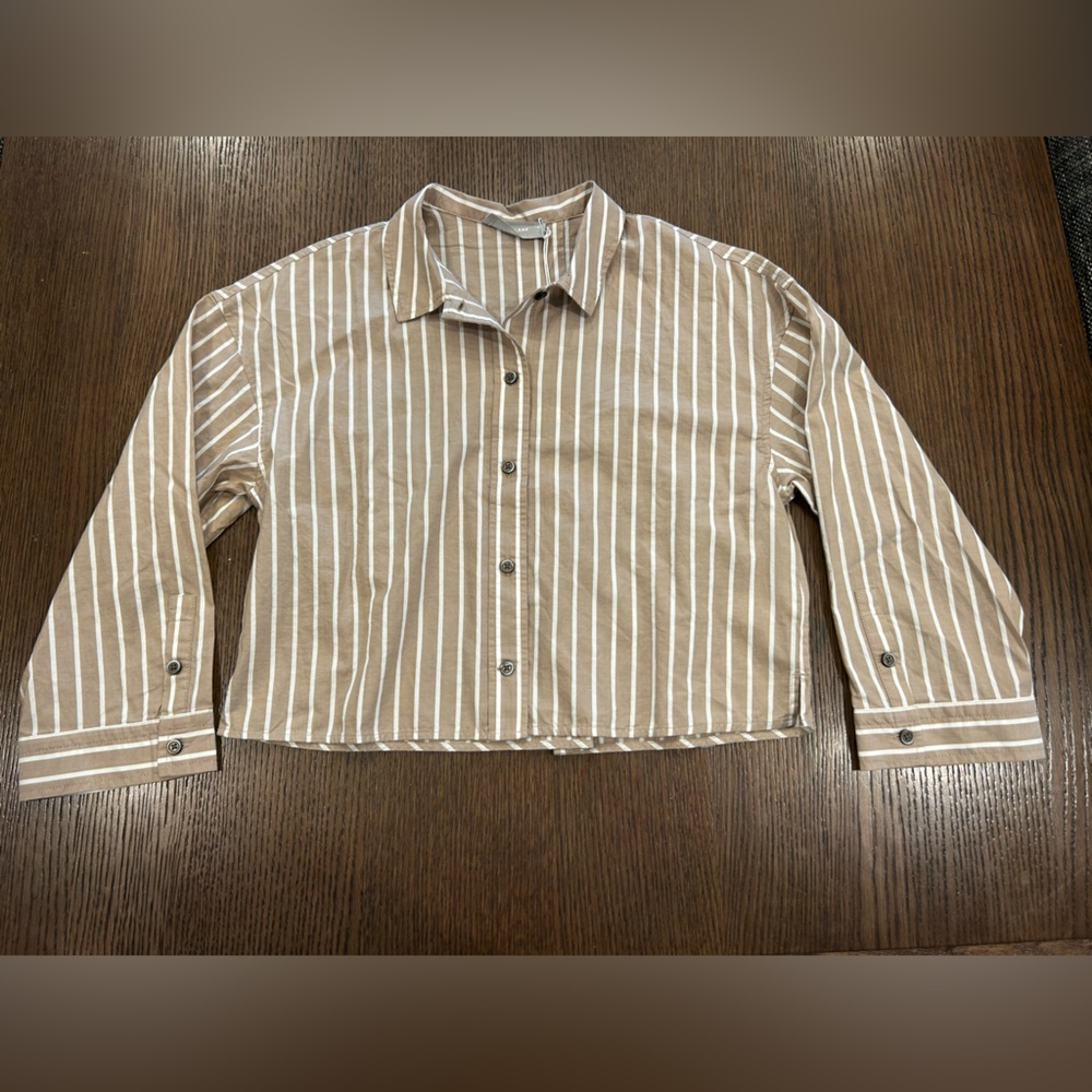 Everlane Tan and White Striped Button-Down super crop Shirt